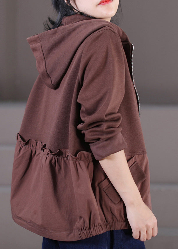 Chocolate Zippered Patchwork Low High Design Hooded Coats Long Sleeve
