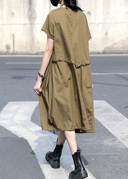 Khaki O Neck Ruffled Patchwork Cotton Dress Summer