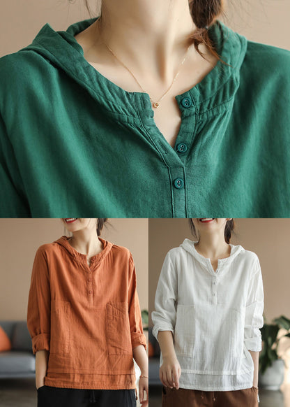 Green Button Patchwork Cotton Top Long Sleeve