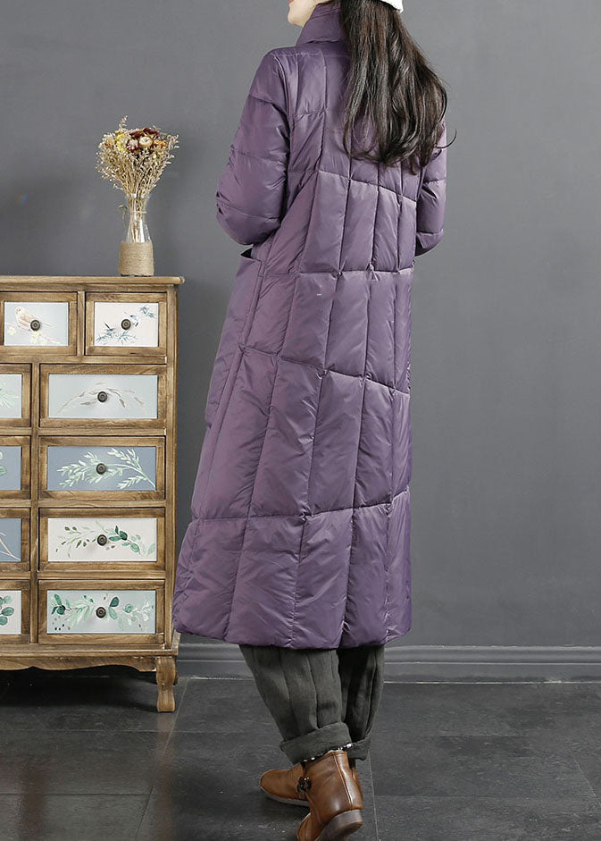 Purple Stand Collarembroideried Tassel Pockets Duck Down Down Coat Long Sleeve