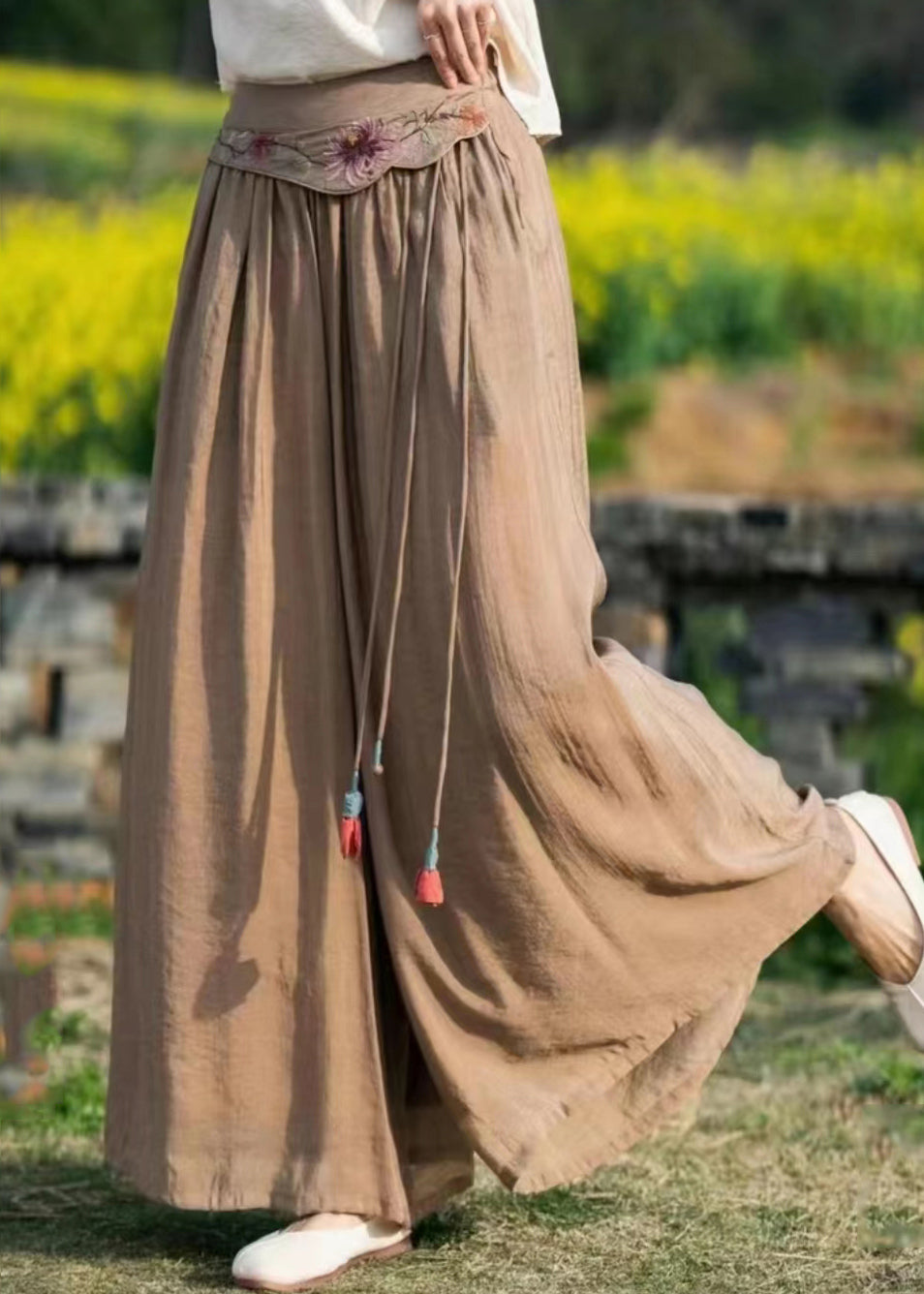 Green Embroideried Pockets Tasseled Patchwork Silk Wide Leg Pants Summer