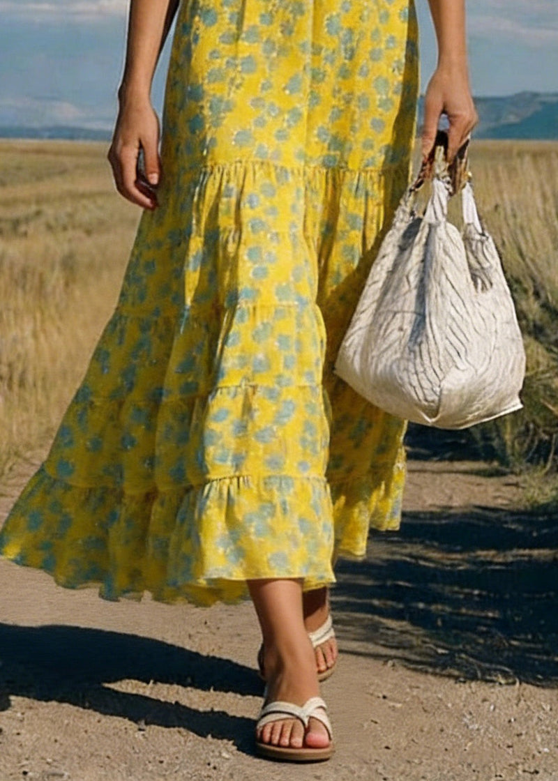 Yellow Print Wrinkled Chiffon Skirts Summer