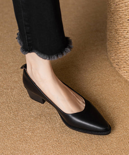 Chunky Heel Beige Cowhide Leather Pointed Toe