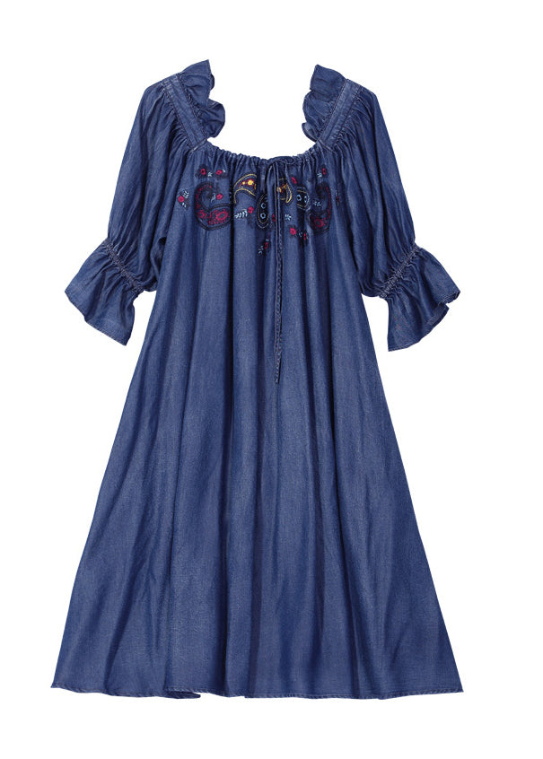 Simple Denim Blue Wrinkled Ruffled Embroideried Cotton Silk Dress Lantern Sleeve