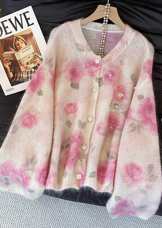 Art Pink Sequins Print Knit Cardigan Fall