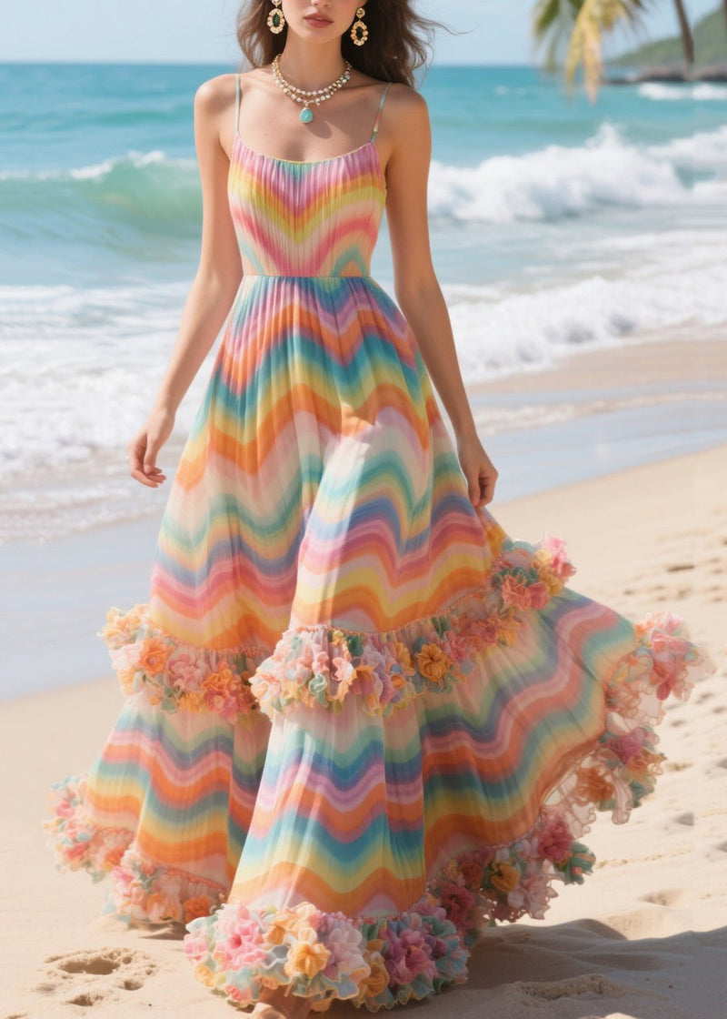 Rainbow Striped Three-dimensional Flower Chiffon Long Dress Summer