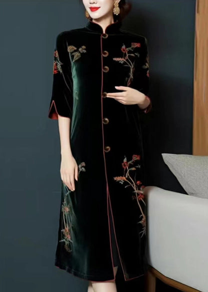 Blackish Green Embroideried Button Silk Velour Dress Long Sleeve