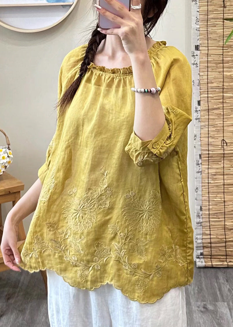 Brief Green O-neck Embroideried Ruffled Patchwork Linen Top Fall