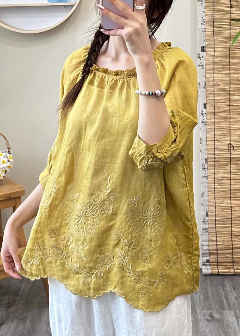 Brief Green O-neck Embroideried Ruffled Patchwork Linen Top Fall