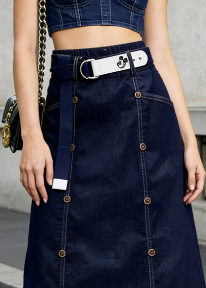 Modern Navy Double Breast Denim a Line Skirt Summer