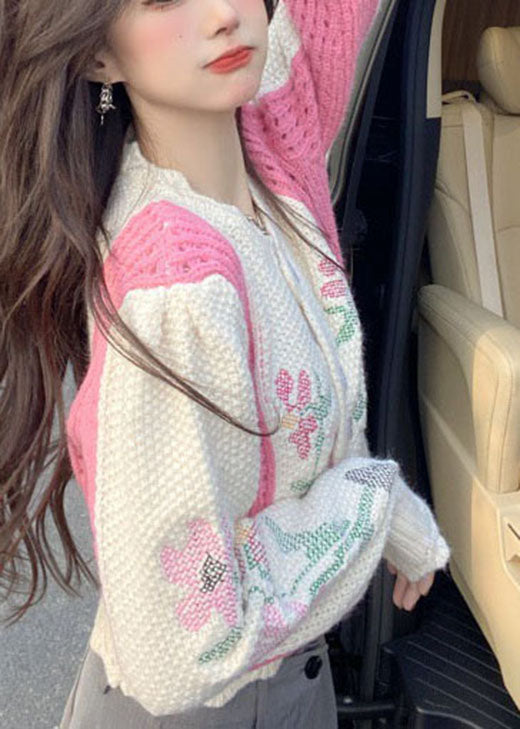 Diy Beige Embroideried Hollow Out Button Fall Sweater