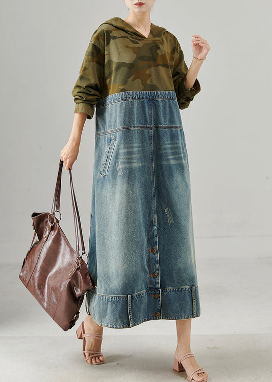 Original Design Hooded Patchwork Denim Maxi Dress Spring