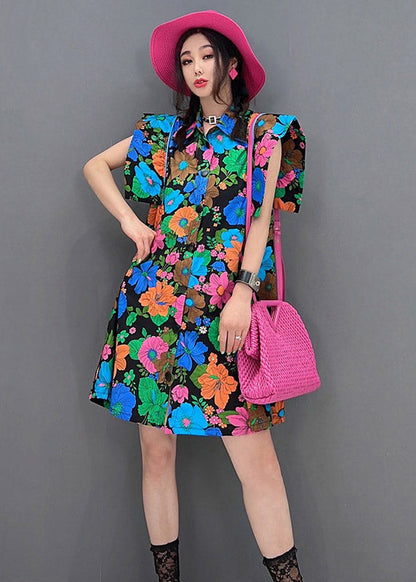 Red Peter Pan Collar Print Button Mid Dress Short Sleeve