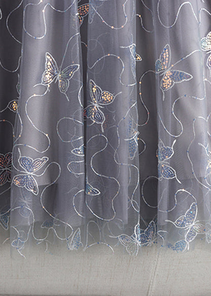 Grey Butterfly Embroideried Elastic Waist Tulle a Line Skirt Summer