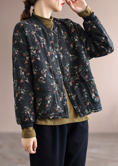 Black Stand Collar Pockets Fine Cotton Filled Jacket Spring