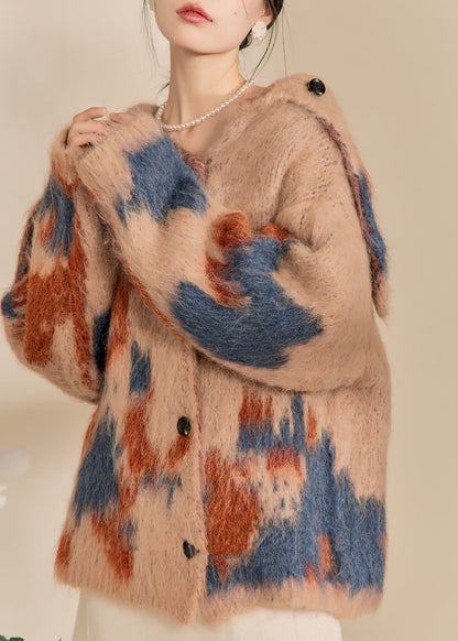 Brown Print Button Cotton Knit Cardigan Winter