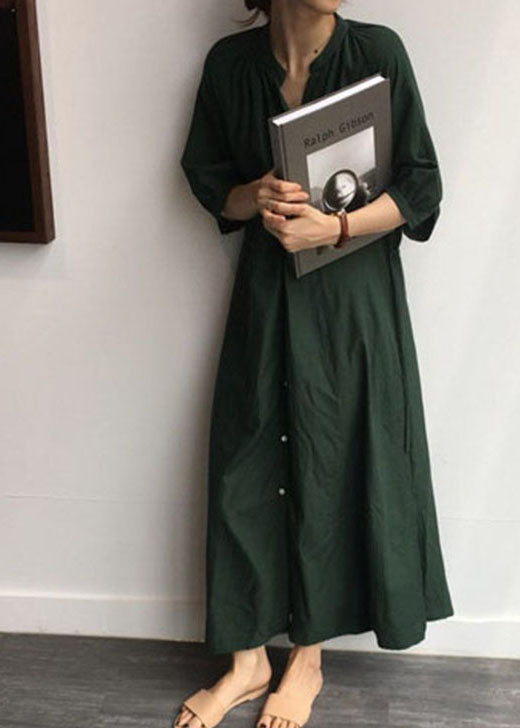 Tea Green Side Open Cotton Shirt Long Dress Half Sleeve