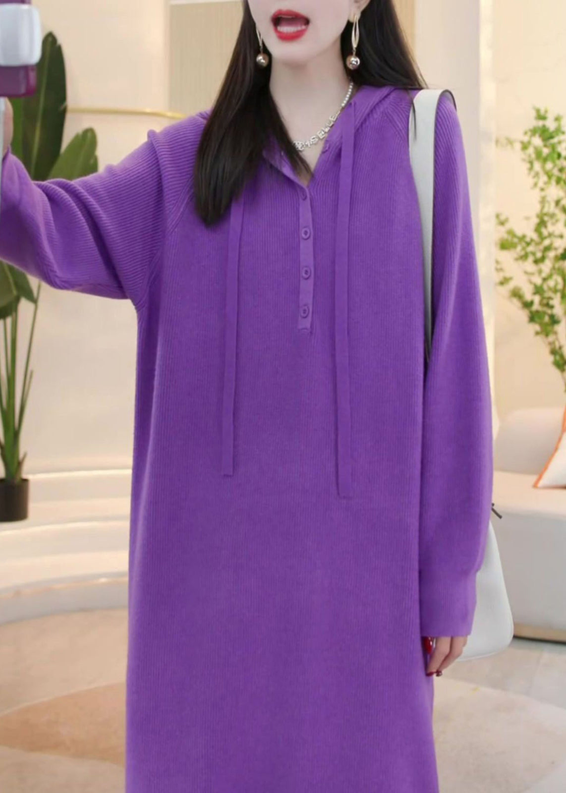 Simple Purple Hooded Button Knit Sweater Dress Winter
