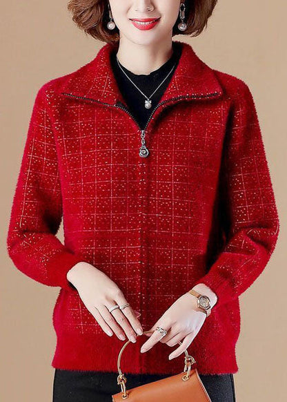 Mulberry Zip Up Pockets Mink Hair Knitted Coats Long Sleeve