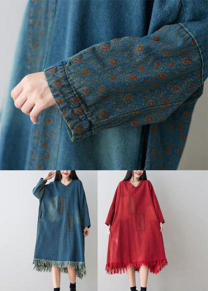 Red V Neck Tassel Cotton Loose Dress Spring