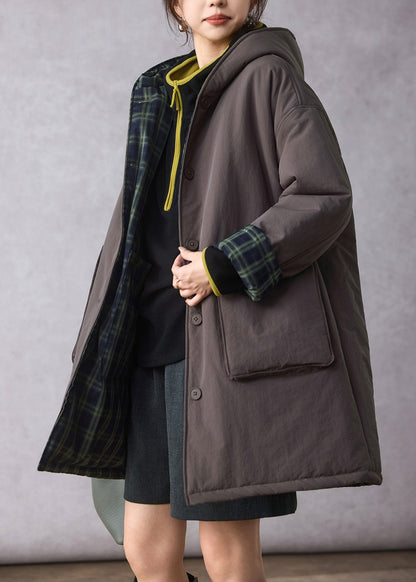 Loose Green Plaid Wear on Both Sides Fine Cotton Filled Hooded Coats Winter