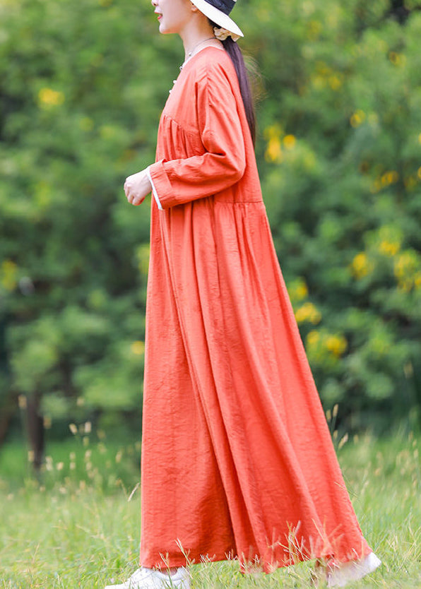 Loose Orange V Neck Cinched Tie Waist Long Dresses Long Sleeve