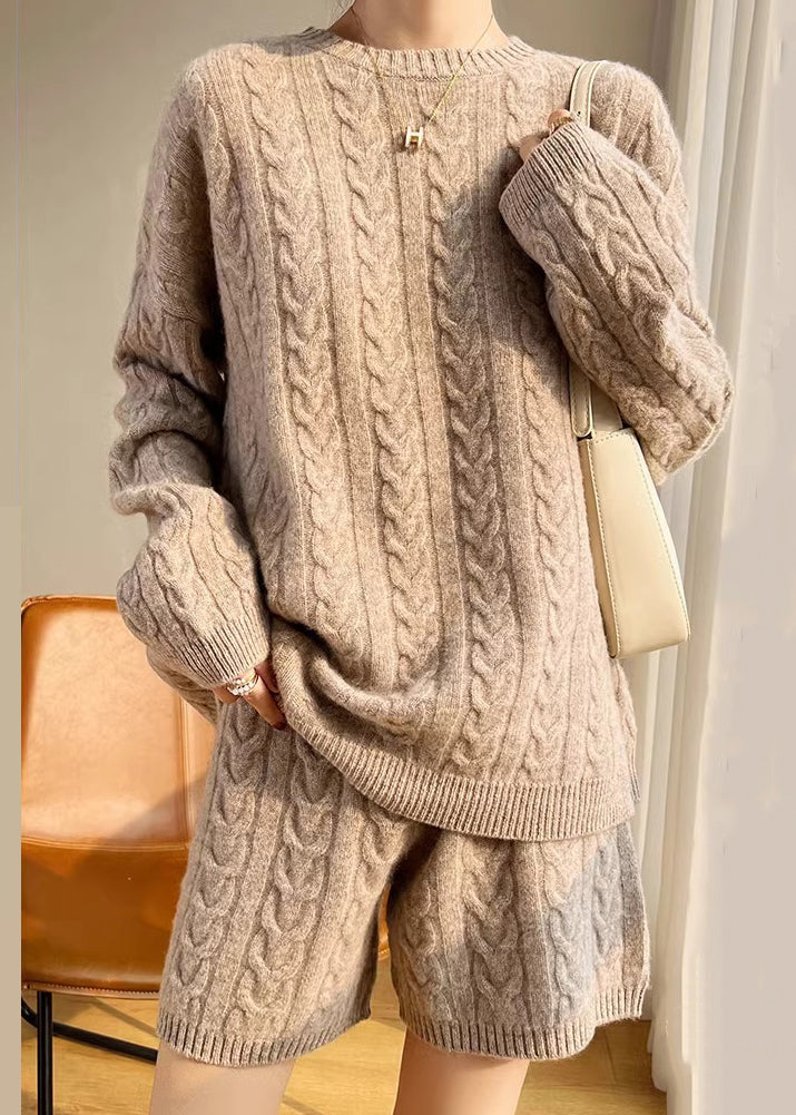 New Camel O Neck Cozy Wool Knit Two Pieces Set Winter