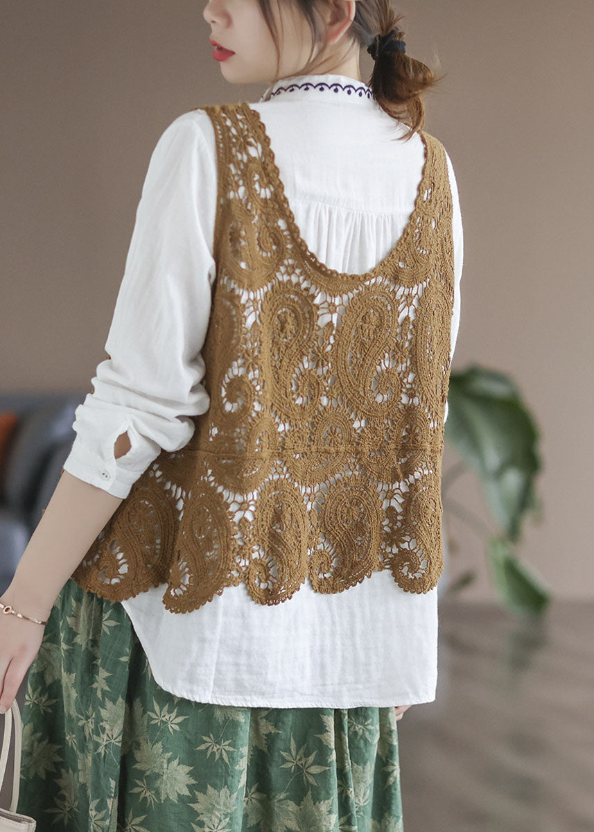Yellow U Neck Hollow Out Knit Tanks Sleeveless