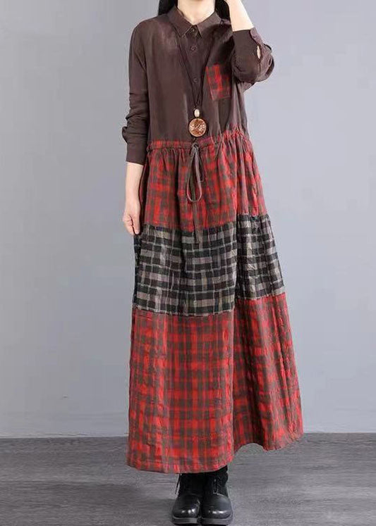 Chocolate Peter Pan Collar Button Tie Waist Plaid Linen Holiday Dress Long Sleeve