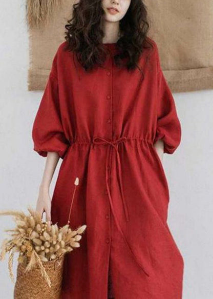 Red Stand Collar Drawstring Patchwork Linen Dresses Summer