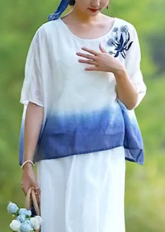 Gradient Color O Neck Embroideried Linen T Shirt Summer