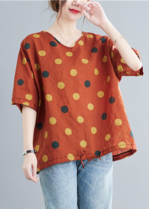 Orange V Neck Dot Drawstring Linen Tops Half Sleeve