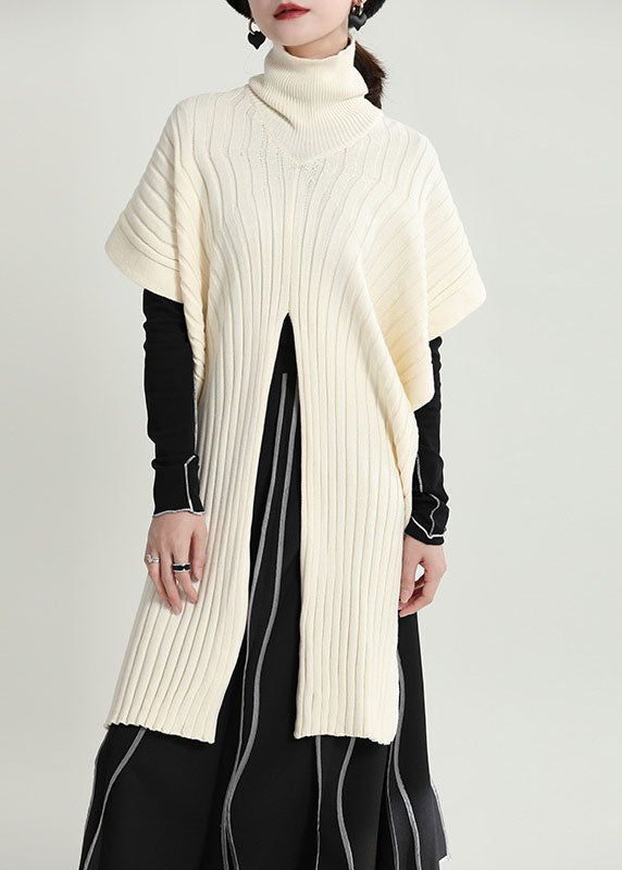 Beige Turtle Neck Side Open Knit Pullover Cloak Sleeves
