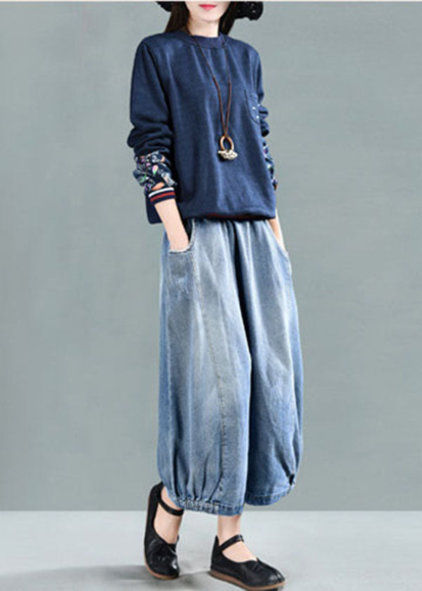 Light Blue Elastic Waist Patchwork Cotton Denim Skirt Spring