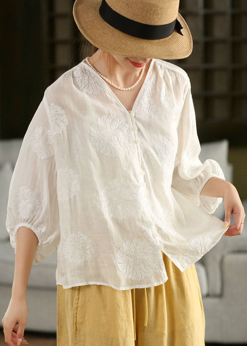 Pink V Neck Embroidered Linen Shirt Top Lantern Sleeve