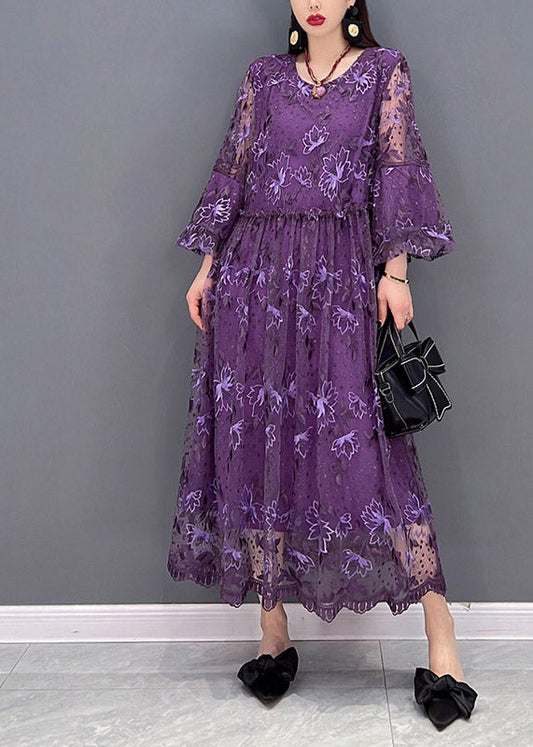 Purple O-neck Ruffled Print Lace Long Dress Lantern Sleeve