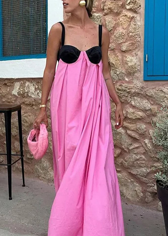 New Pink Patchwork Backless Sleeveless Suspender Dress