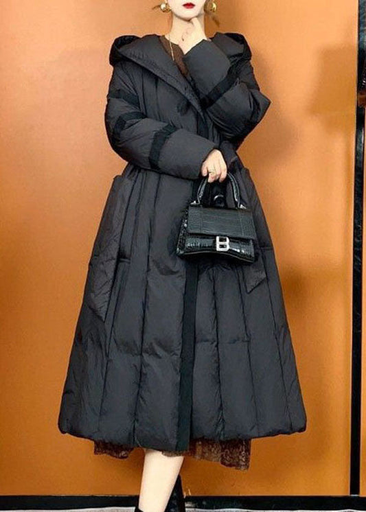 Black Hooded Oversized Pockets Duck Down Puffers Jackets Winter