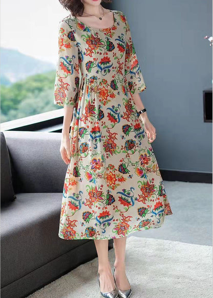 French O-neck Wrinkled Print Chiffon Dress Three Quarter Sleeve