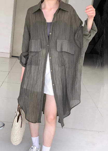Army Green Button Patchwork Cotton Long Top Fall