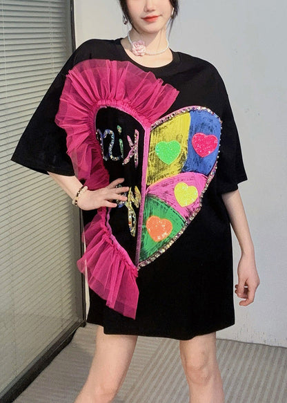 Black O Neck Ruffled Cotton T Shirt Dresses Summer