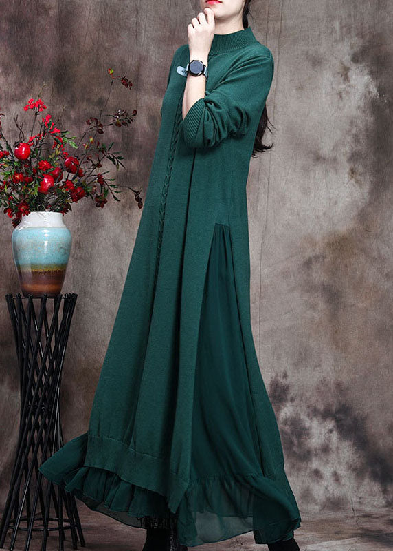 Green Stand Collar Asymmetrical Design Fall Knit Sweater Dress
