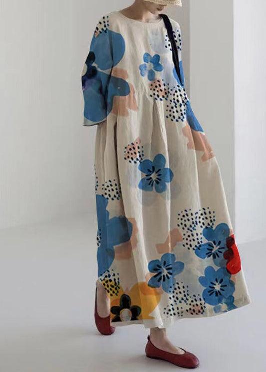 Blue Print Wrinkled Maxi Dress Spring