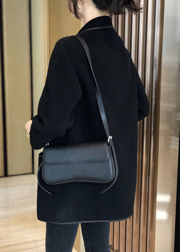 Black Notched Patchwork Pockets Wool Blend Coat Fall