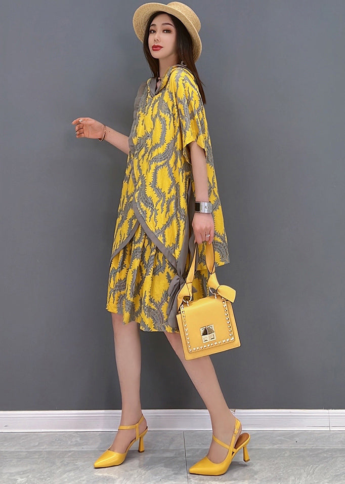 Yellow Hooded Patchwork Print Tops and Shorts Two Pieces Set Summer