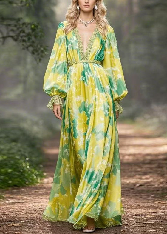 Fine Green Print High Waist Chiffon Maxi Dresses Flare Sleeve Fall
