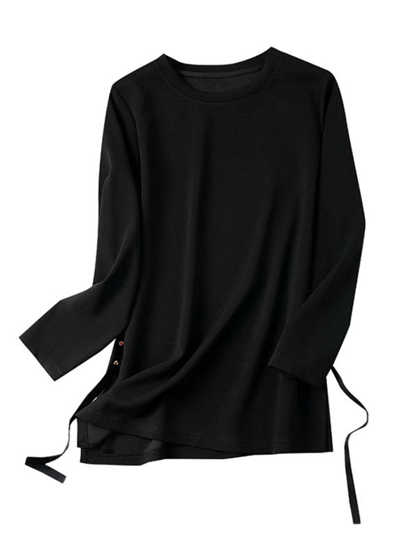 French Black O-neck Side Open Zircon Tops Long Sleeve