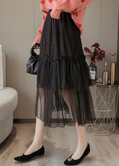 Black Lace Patchwork Chiffon Skirts Elastic Waist