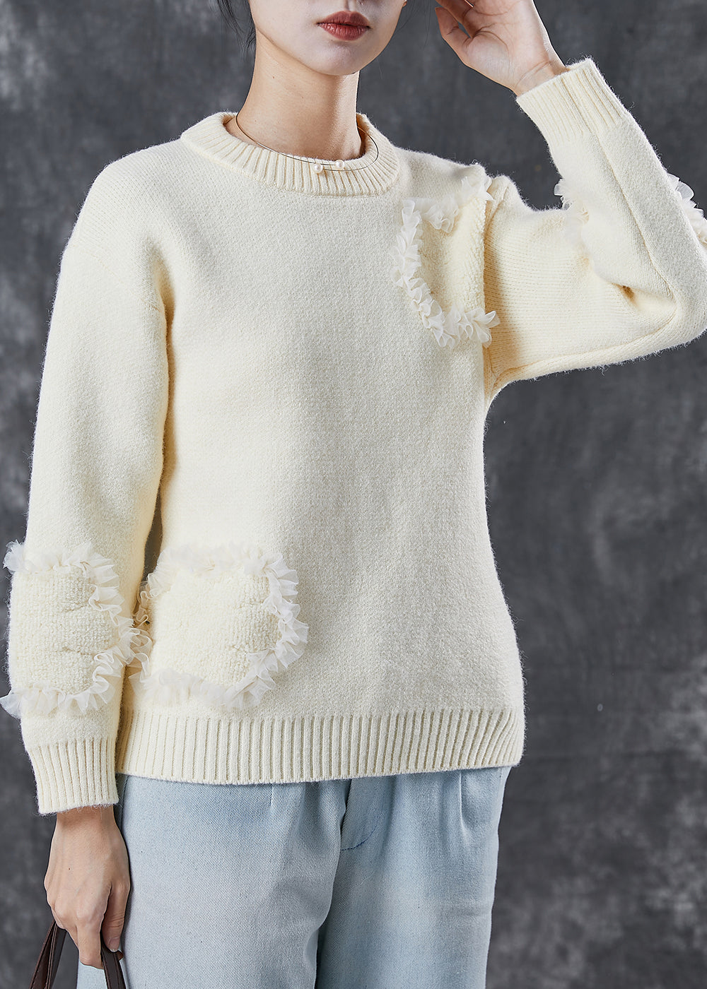 Apricot Ruffled Patchwork Thick Knit Sweater Tops Winter