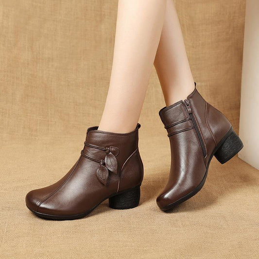 Brown Zippered Cowhide Leather Boots Splicing Boots